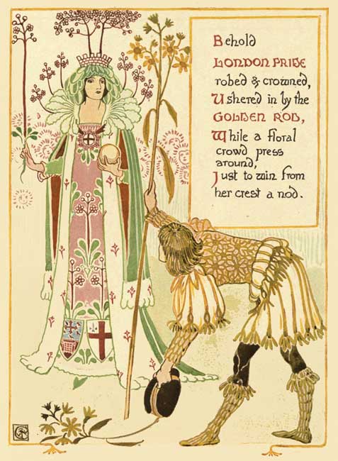 London Pride robed and crowned, plate from A Floral Fantasy in an Old English Garden, Walter Crane, 1899.