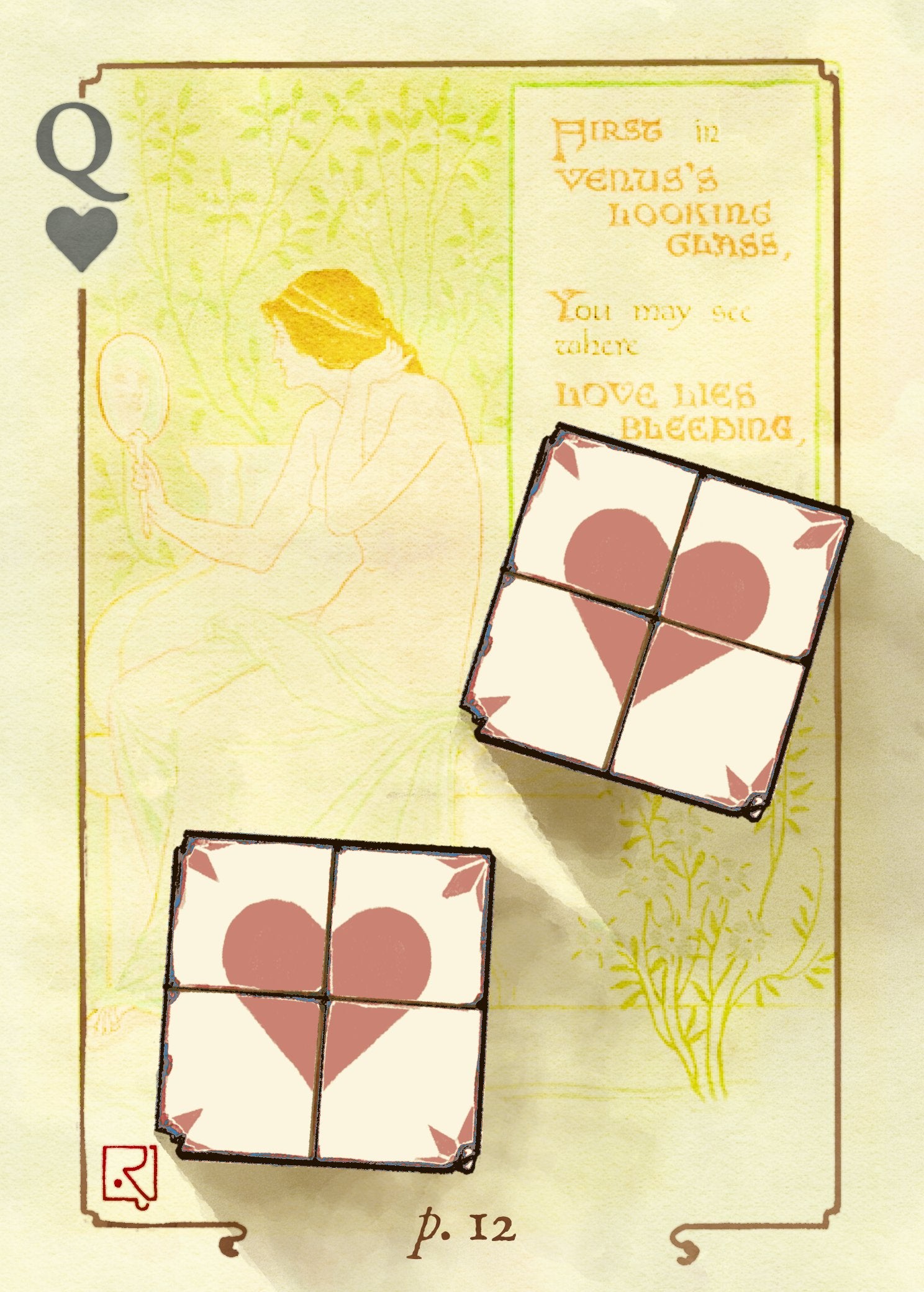 Queen of Hearts, a face card from the Floral Fantasy Deck, set over Crane's Venus's Looking Glass plate with a painted heart tile and a line of his verse.